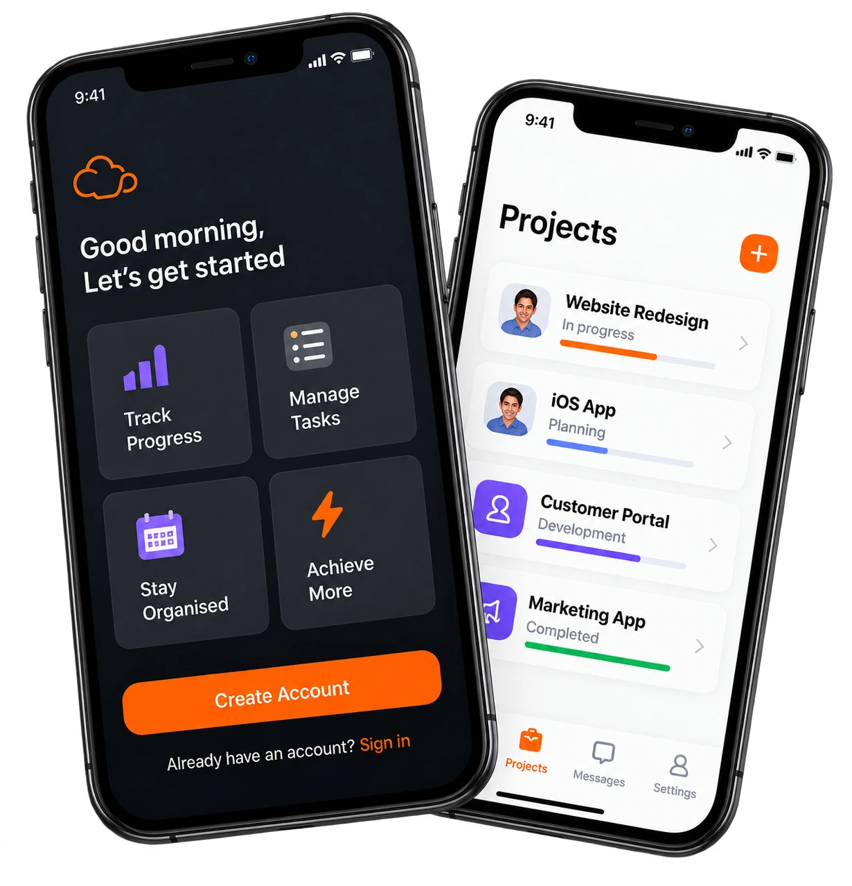 Two black smartphones displaying a dark productivity dashboard and a light project management app.